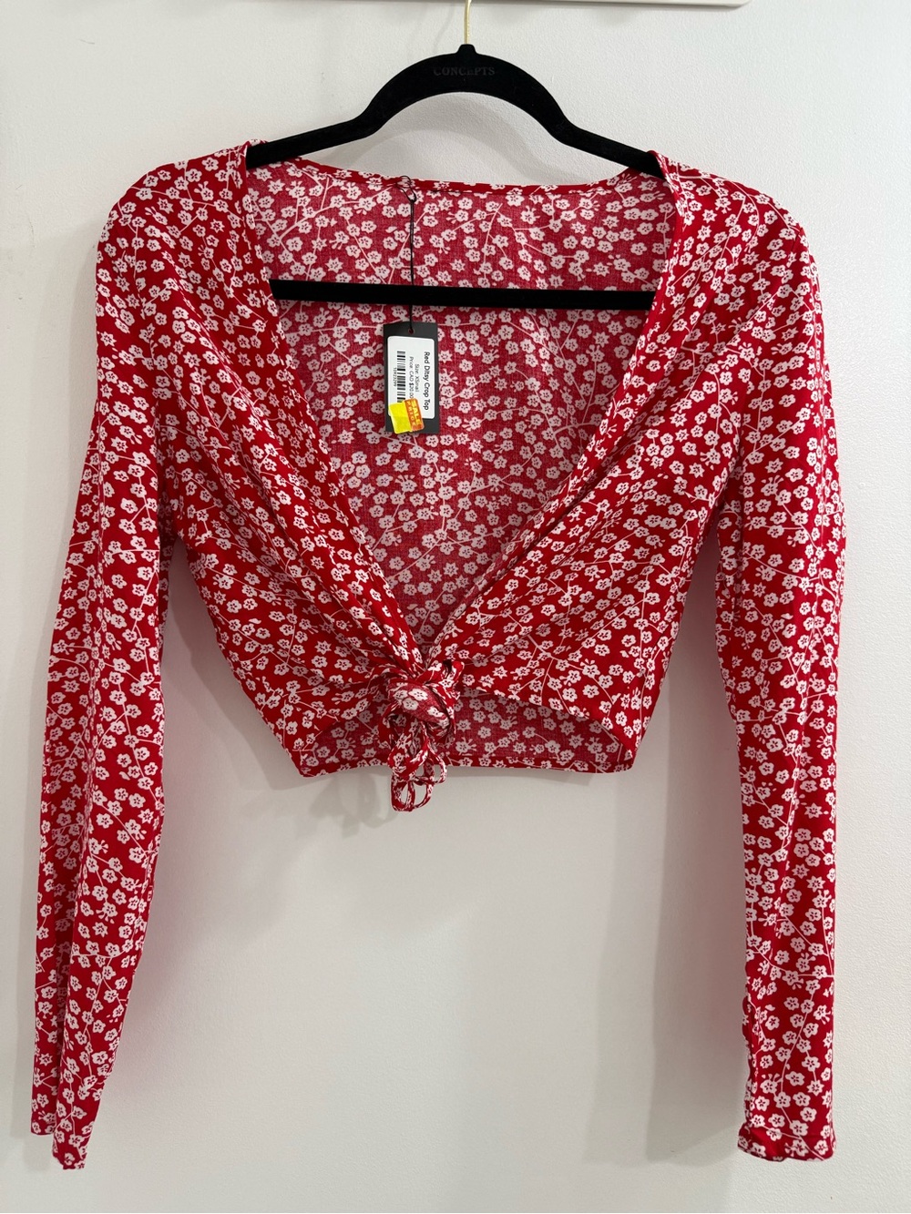 Red Floral Tie-Front Long-Sleeve Crop Top